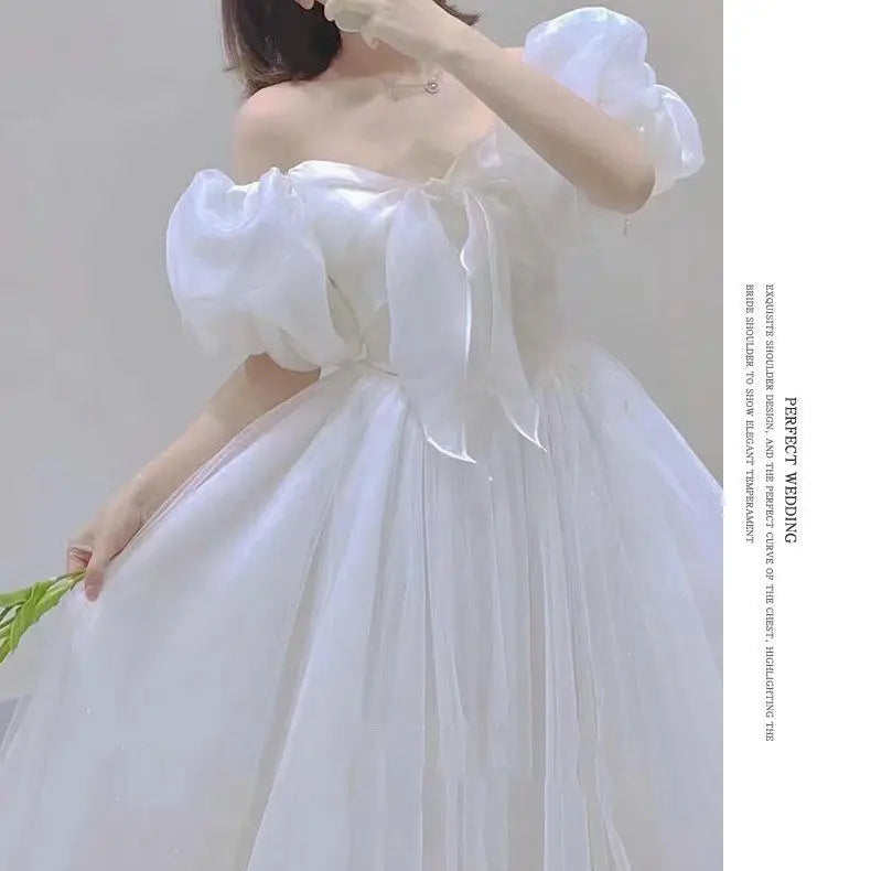 Aiertu White Elegant Sweet Princess Dress Women Bow Puff Sleeve Korean Kawaii Midi Dress Female Autumn Casual Evening Party Dress Aiertu