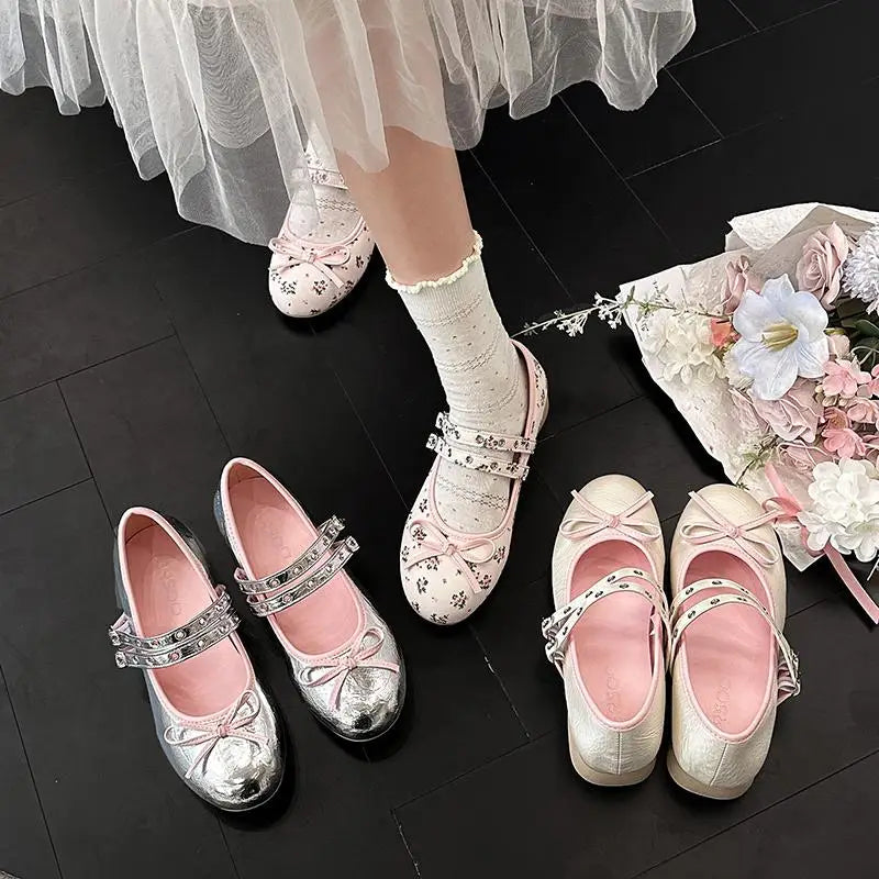 AIERTU  -  Pink Floral Pattern Low Heel Mary Jane Shoes Women Summer Comfort Silver Bowknot Ballet Flats Woman's Lolita Shoes Aiertu
