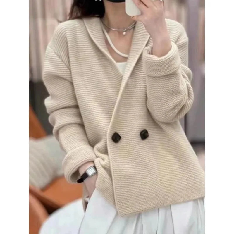 European 100% cashmere knitted cardigan coat Female autumn and winter temperament  loose wool sweater coat Aiertu