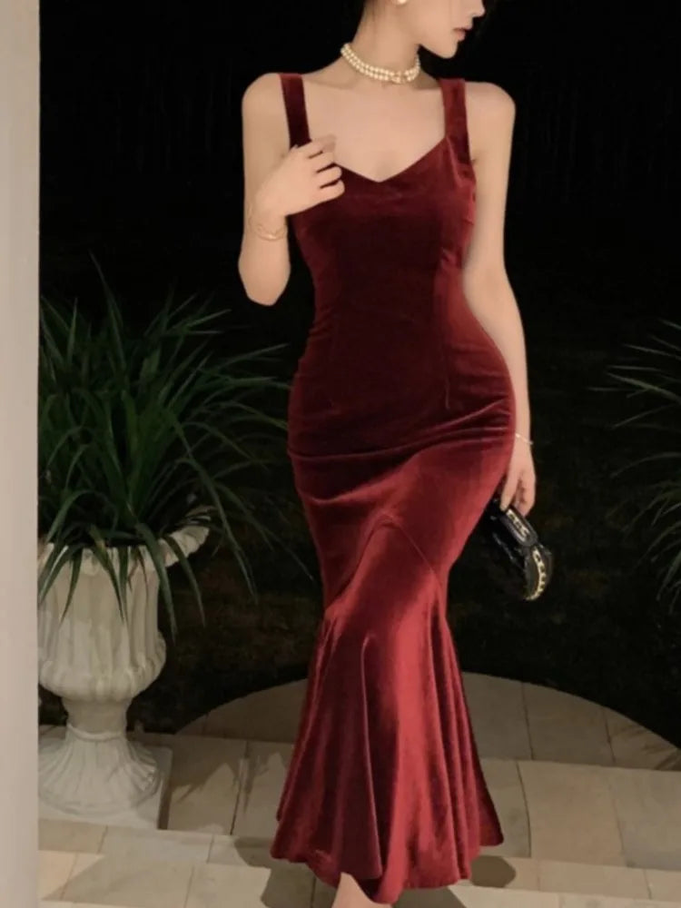 AIERTU  -  French Style Vintage Wine Red Camisole Long Dress Elegant Women Spring Autumn Solid Slim Mermaid Ladies Evening Party Robe New Aiertu