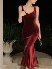 AIERTU  -  French Style Vintage Wine Red Camisole Long Dress Elegant Women Spring Autumn Solid Slim Mermaid Ladies Evening Party Robe New Aiertu