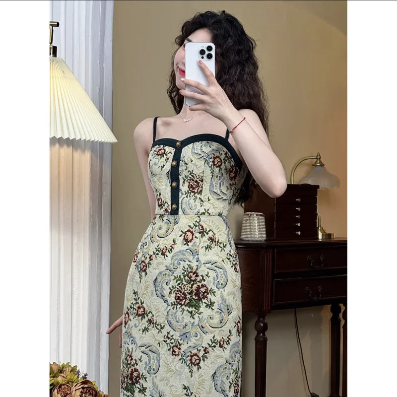 Aiertu Elegant Vintage Long Slip Dress Women Button Designer Sleeveless Slim Floral Dress Female 2024 Summer Casual Sexy Party Dresses Aiertu