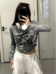 Aiertu Sexy Pleated Grunge Tee Shirts Femme Slim Fit Y2k Aesthetic Letter Print Long Sleeve Cropped Top Women Fashion All Match T-shirt Aiertu