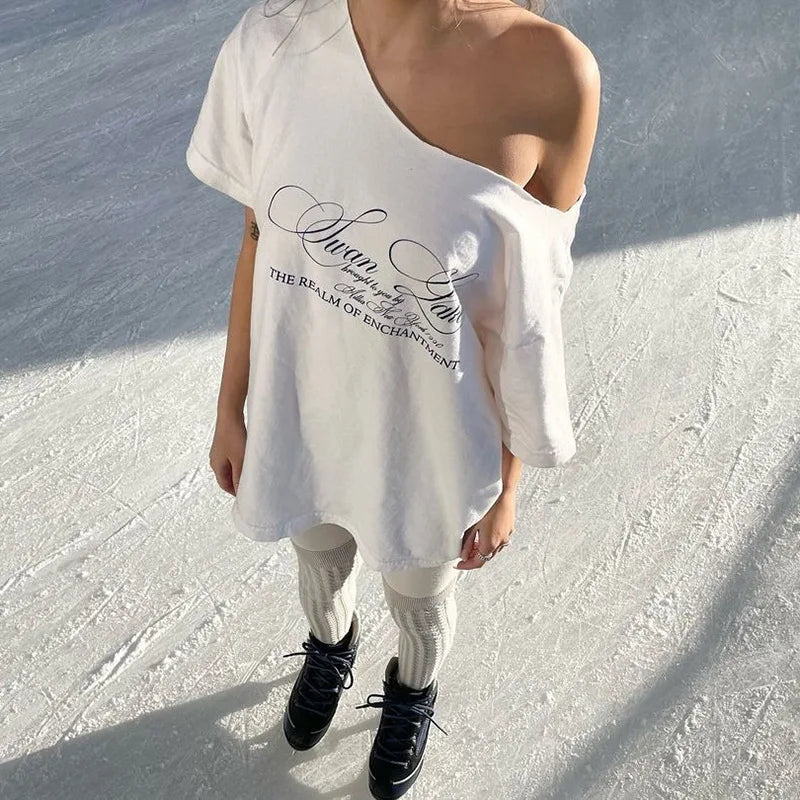 AIERTU  -  Women T-shirt Slanted Neck Loose Letter Print Pattern Solid Color Simple Fashion Daily Leisure Versatile Short Sleeve Top Aiertu