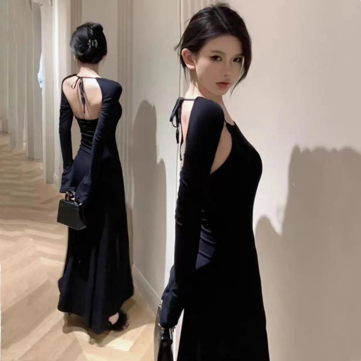 Aiertu Vintage Elegant Halter Bcakless Black Long Dress Women Retro Wrap Party Long Sleeve Maxi Dresses 2024 Spring Aiertu