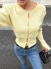 AIERTU  -  Womens Knit Cardigan Button Up Slim Fit Crop Crew Neck Long Sleeve Ribbed Trim Autumn Casual Streetwear Stretch Cardigan Aiertu