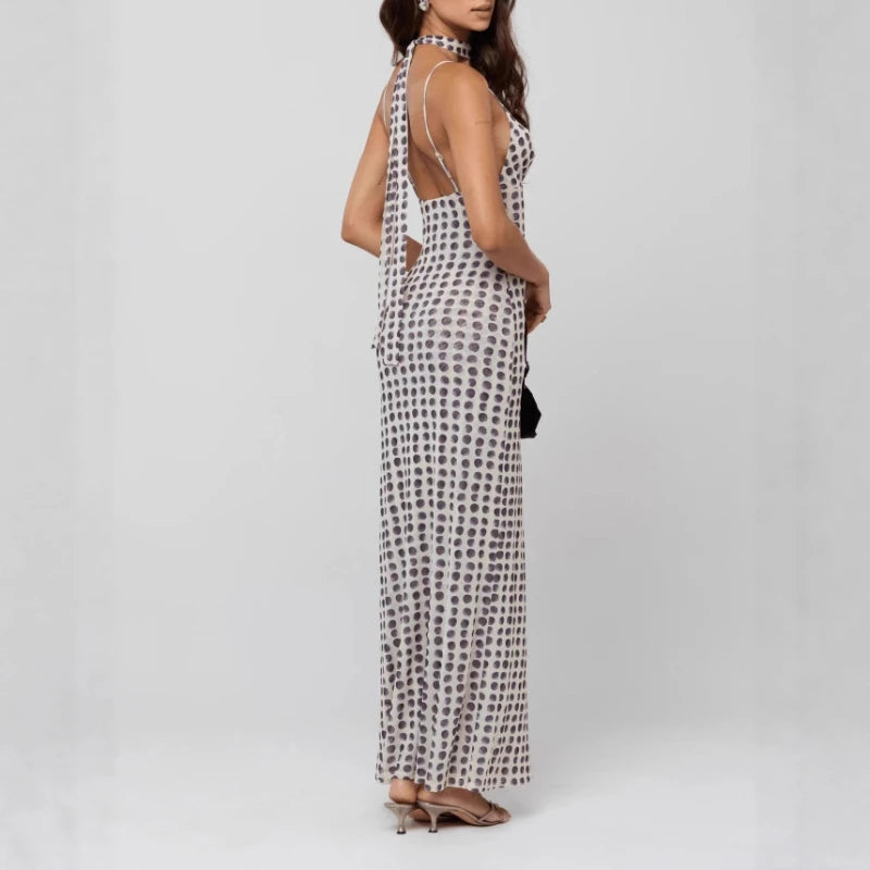 AIERTU  -  Elegant Polka Dot Spaghetti Straps V-Neck Sleeveless Suspender High Waist Slim Maxi Long Dress Evening Gown Party Dress Beach Aiertu