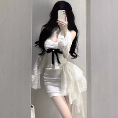 Aiertu DRESS TO IMPRESS Y2K Lace Bodycon Mini Dresses for Women Slash Neck Flare Sleeve A-line Birthday Party Short Train Dress Korean Fashion Vestidos Aiertu