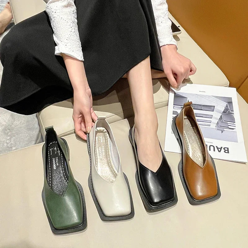 Aiertu 2024 Flat Shoes Women Square Toe Single Shoes Simple Temperament Leather Shoes Spring Autumn 4 Colors Aiertu