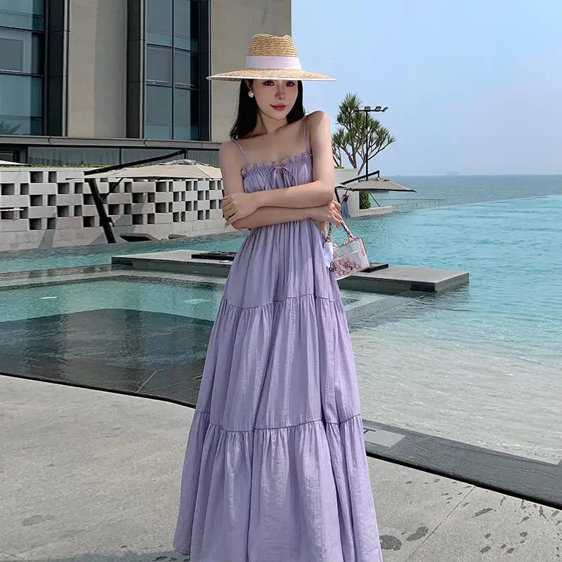 Aiertu Women Sleeveless Slip Long Dress New Summer Elegant Boho Holiday Beach Dress Solid V-neck Pleated Bandage Dresses Backless Aiertu