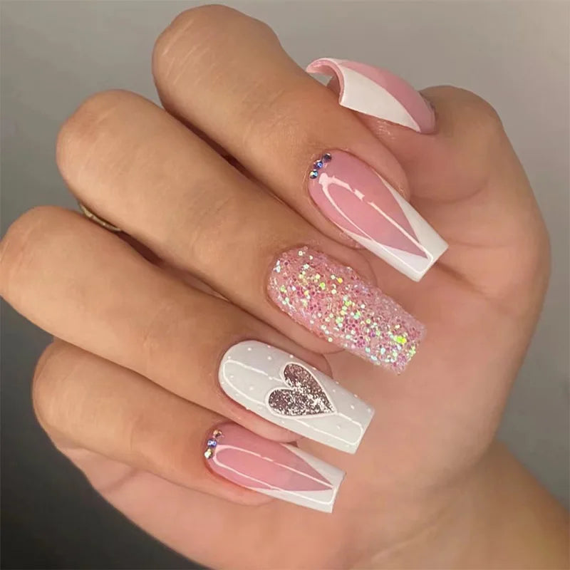 Aiertu 24Pcs Valentine Nails Press on Love Y2k Acrylic Nails Sparkle Butterfly French Cat Eye Almond Full Cover Stick on False Nail Tip Aiertu