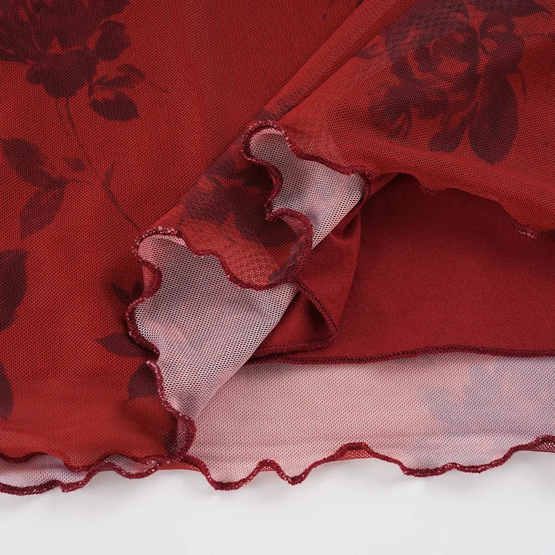 AIERTU  -  Retro Floral Digital Print Low Waist Lightweight Double Layer Mesh Skirt Temperament Hip Hugging Women Daily Vacation Skirt Aiertu