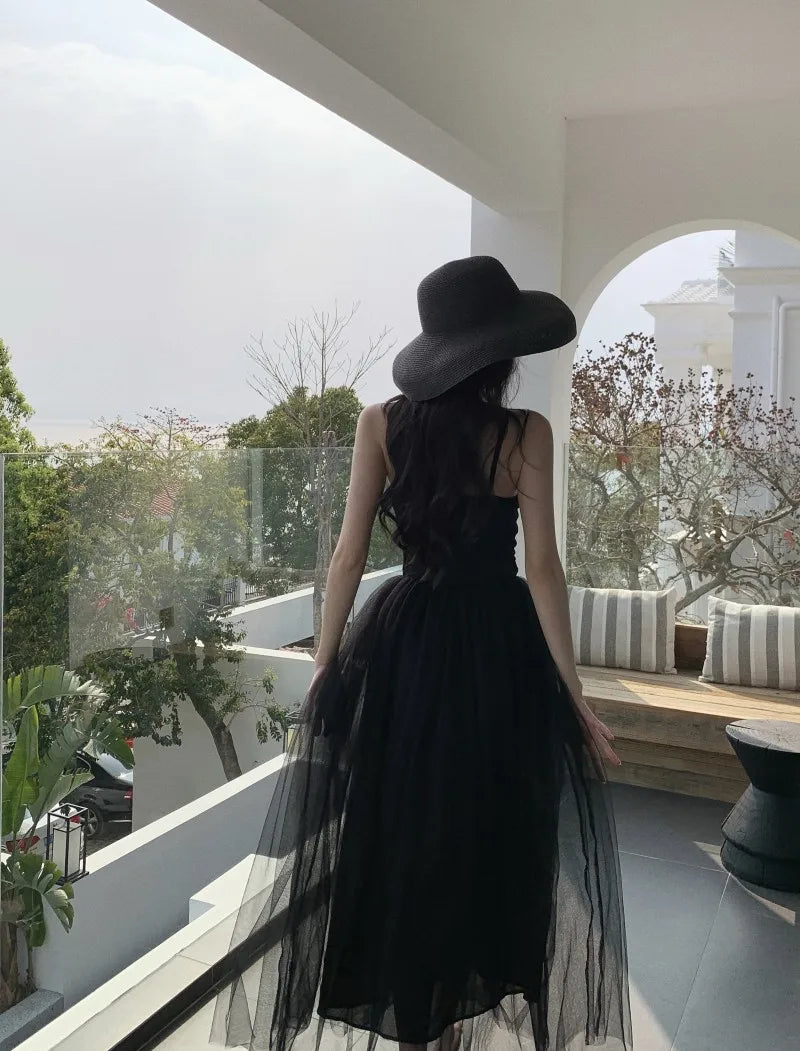 Aiertu Sleeveless Dress Women Mesh Long A-line Black Retro Elegant V Neck Fairy Sexy Pleated Sundress Summer Evening Party Ball Gown Aiertu