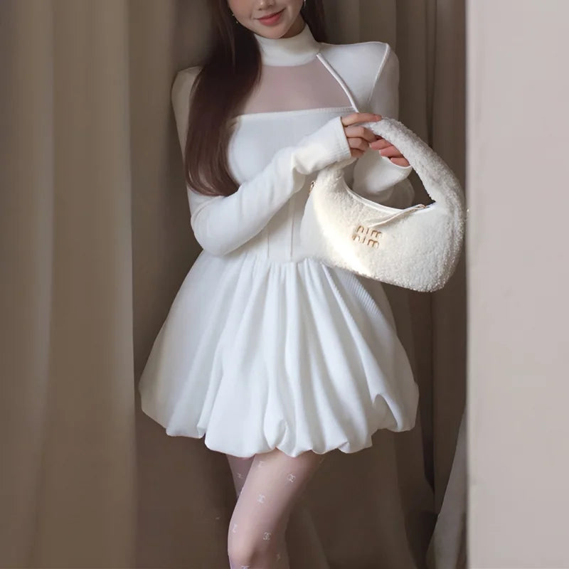 Aiertu DRESS TO IMPRESS Turtleneck Mesh Patchwork Hollow Out Mini Dress Women Sexy Slim Long Sleeve Solid Winter Fashion Chic Party Dresses Ball Gown aiertu