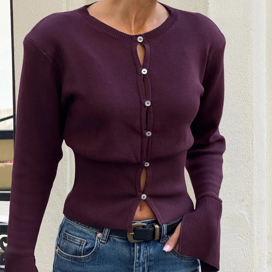 AIERTU  -  Womens Knit Cardigan Button Up Slim Fit Crop Crew Neck Long Sleeve Ribbed Trim Autumn Casual Streetwear Stretch Cardigan Aiertu