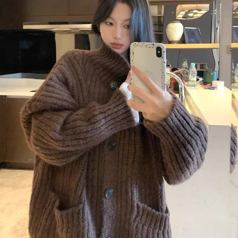 Aiertu Loose Lazy Sweater Women Twist Fashion Knit Autumn Winter Warm Cardigan Harajuku Stand Collar Gray Vintage Female Jumpers aiertu