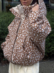 AIERTU  -  Women Reversible Hooded Puffer Jacket Deer Spot Print Solid Beige Reverse Drawstring Hood Loose Cropped  Winter Outerwear Aiertu