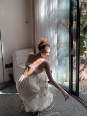 Aiertu Acetic Acid Suspender Jumpsuit For Women In Summer, High-End And Exquisite One Line Neckline Sleeveless Floral Dress In The Mist Aiertu