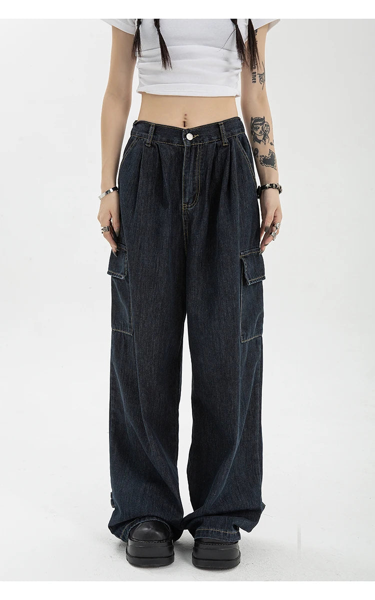 Aiertu Autumn Women Harajuku Cargo Baggy Blue Jeans Streetwear Hip Hop Oversize Casual Wide Leg Vintage Demin Pants Y2k Loose Trousers Aiertu