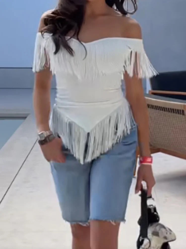 AIERTU  -  Casual V-Neck Fringe Top For Women Off Shoulder Short Sleeve Asymmetric Hem Slim Fit T-Shirt Lady's Western Style Daily Tops Aiertu