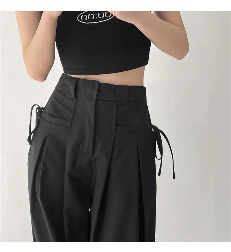Aiertu Summer Japan Casual Style Solid Color High Waist Wide Leg Suit Pants Women's Fashion Loose Lace-up Full Length Trousers Aiertu