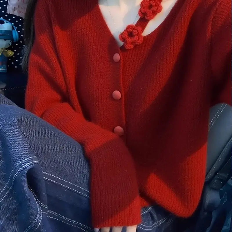 AIERTU  -  Plus Size Women Red V Neck Knit Cardigan 3D Flower Decor Lazy Style Sweater Coat Autumn Winter Casual Top Aiertu
