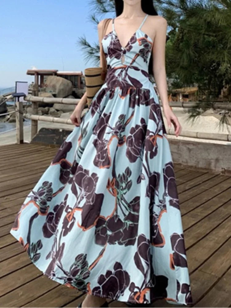 Aiertu Spaghetti Strap Elegant Women Summer Dress Sleeveless Casual A-Line Print Midi Beach Holiday Dresses Female Vestidos Long Robe Aiertu