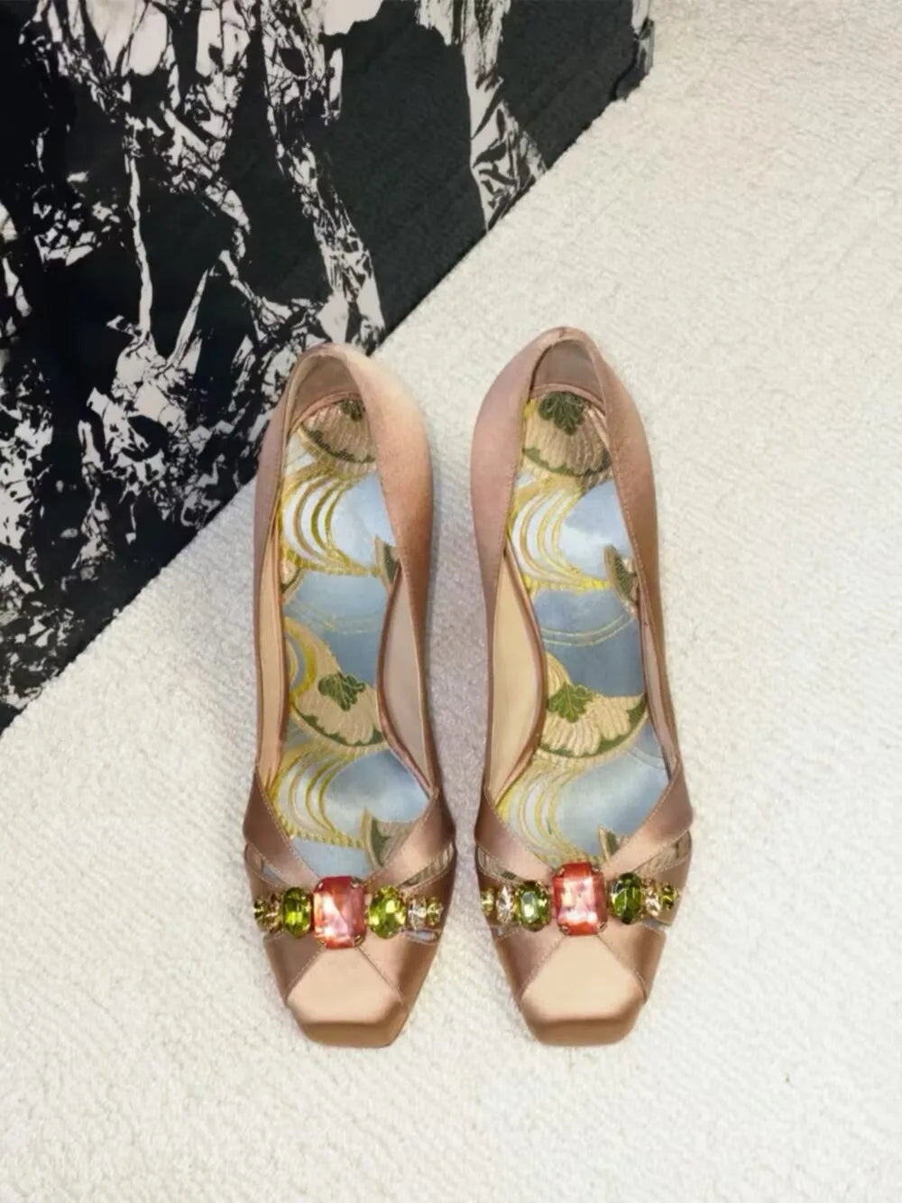 AIERTU  -  Women Pink Satin High Heel Pumps Elegant Square Toe Sparkling Rhinestone Gem Decor Cutout Design Stiletto Heels Footwear Aiertu