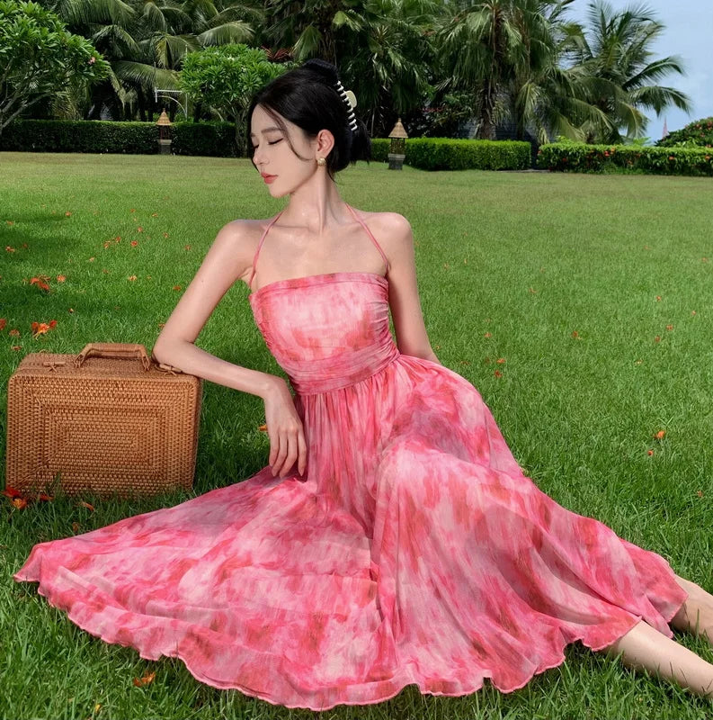 Aiertu French Pink Print Elegant Vacation Long Dresses 2024 Summer New Birthday Evening Party Women Clothes Fashion Sundress Ladies New Aiertu
