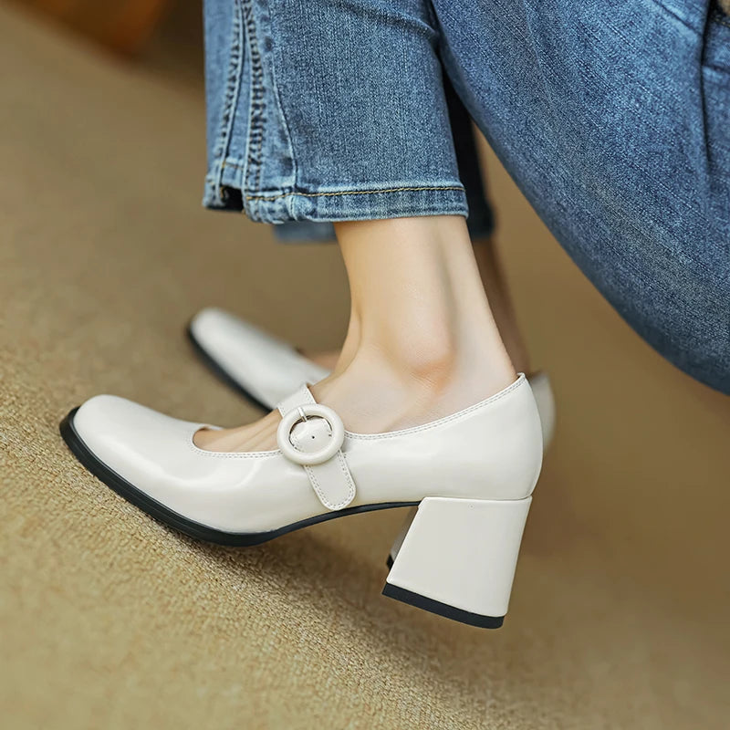 Women Pumps Thick Heels Spring Patent Leather Mary Janes Genuine Leather Round Toe Buckle Strap Retro Office Lady Shoes Woman Aiertu