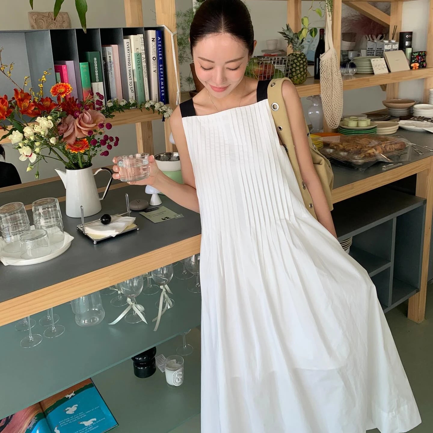 AIERTU  -  Korean Style Chic Versatile Color Block Wide Shoulder Strap Pleated Design Dress Street Style Summer Casual Women's Dress Aiertu
