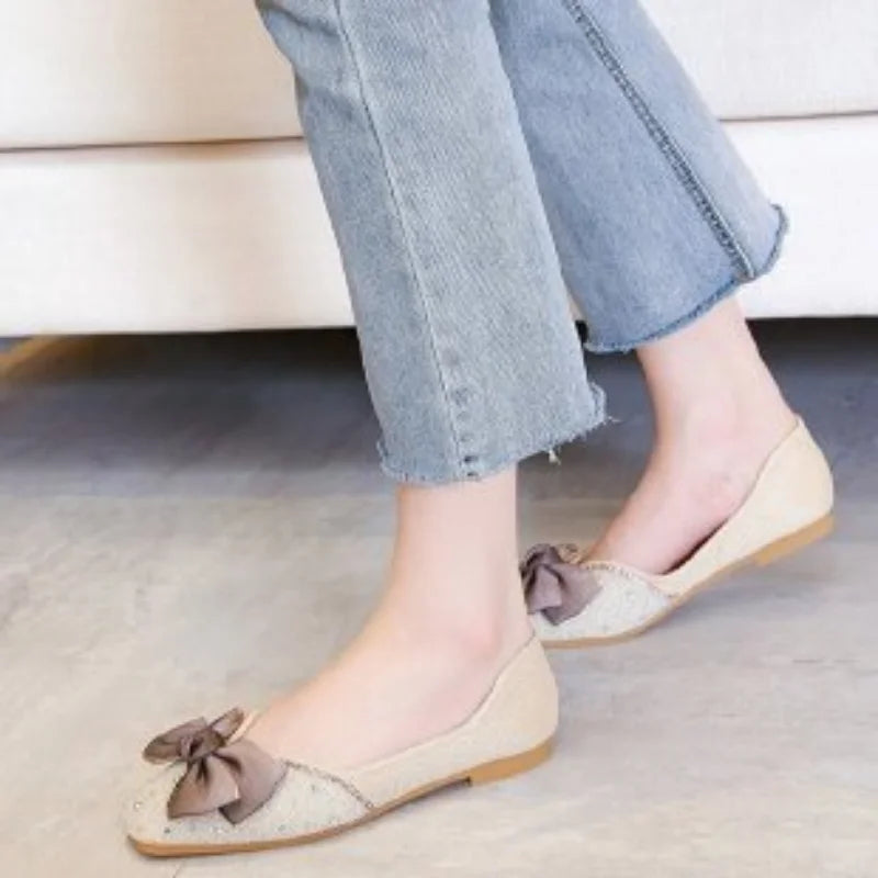 moccasins women silk lace bow flat shoes square toe soft bottom slip on loafers woman ballet flats platform shoes Aiertu