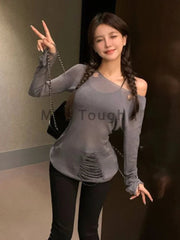 Winter Korean Fashion Oversized Sweater Women Harajuku Vintage Hollow Out Knitted Jumper Female Sexy Off Shoulder Y2K Tops 2024 Aiertu