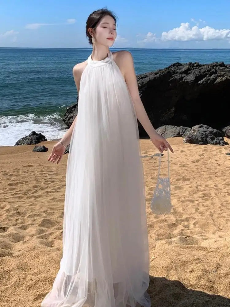 Aiertu French White Loose Halter Bandage Pleated Long Dresses Women Sexy Club Backless Sleeveless Elegant Evening Party Mesh Dress Robe Aiertu