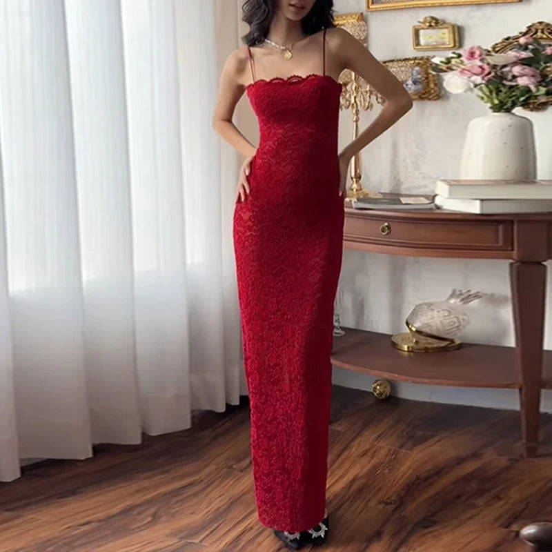AIERTU  -  Vintage Lace Spaghetti Strap See Through Bodycon Split Summer Long Dress Women Evening Party Sexy Slim Fit Vestidos Aiertu