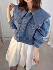 AIERTU  -  Autumn Korean Denim Jacket Women Big Peter Pan Collar Single Breasted Loose Short Jean Coat Sweet Casual Solid Outerwear Aiertu