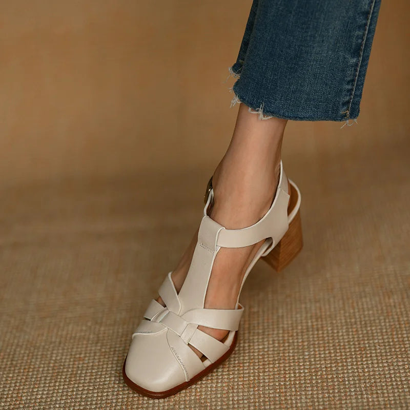 Aiertu Summer Sandals Female Retro Sandals Buckle Strap Womens Pumps Cowhide Ladies Shoes Spring Autumn Gladiator Sandal Roman Style Aiertu