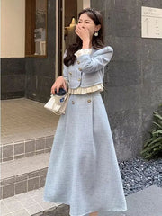 Aiertu Suit Short Long-Sleeved Jacket + Skirt Little Fragrance Blue 2024 Fall Two Piece Sets For Women Royal Sister Sense Of Luxury Aiertu