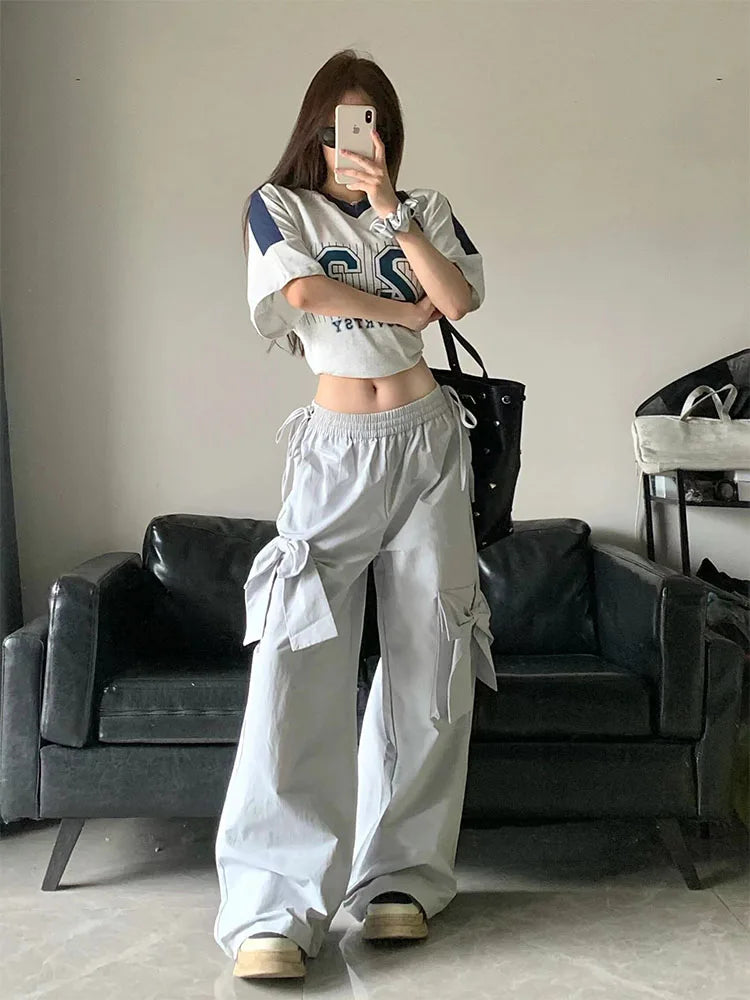 Aiertu New Design Gyaru Jeans Woman Vintage High Waist Wide Leg Pants Bow Elastic Waist Baggy Trousers Casual Tide Streetwear Simple Aiertu