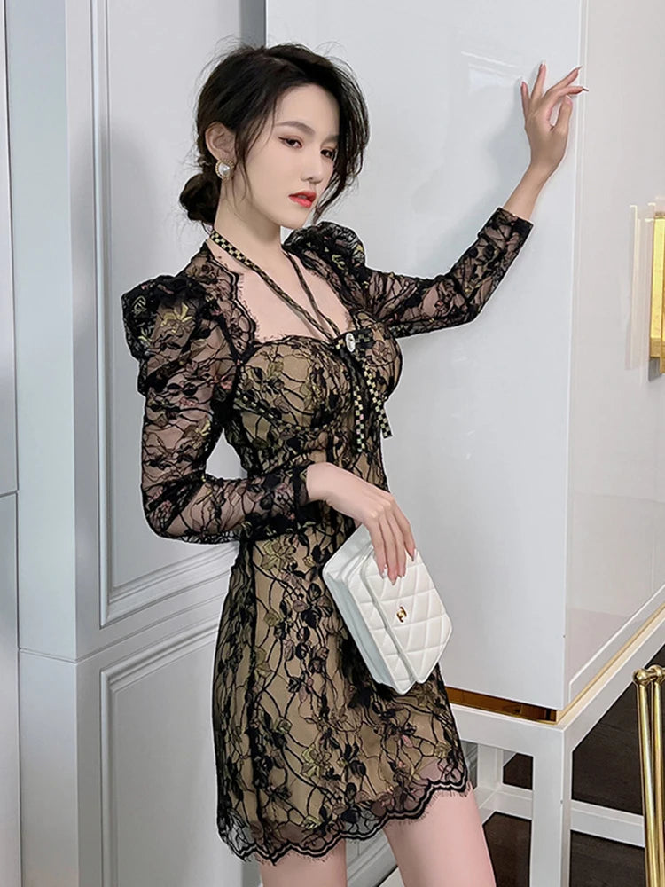 Spring French Retro Sexy Dress Women Black Sheer Lace Embroidery Floral Halterneck Bow Long Sleeve Mini Gown Party Vestidos Aiertu