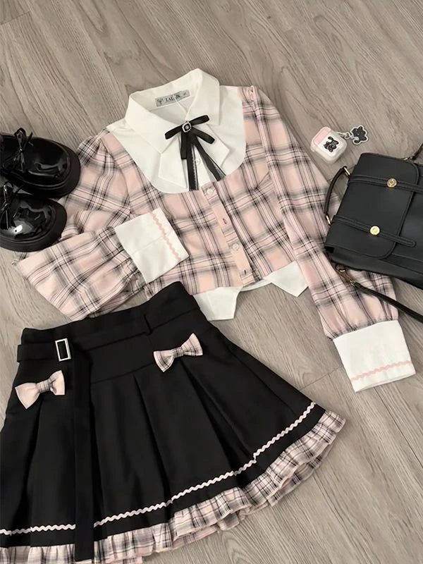 Aiertu Sweet College Plaid Patchwork Shirt Pleated Skirt Two-piece Set Women Korean Fashion Bow Retro Tie Cute Temperament Autumn Suit Aiertu