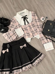 Aiertu Sweet College Plaid Patchwork Shirt Pleated Skirt Two-piece Set Women Korean Fashion Bow Retro Tie Cute Temperament Autumn Suit Aiertu