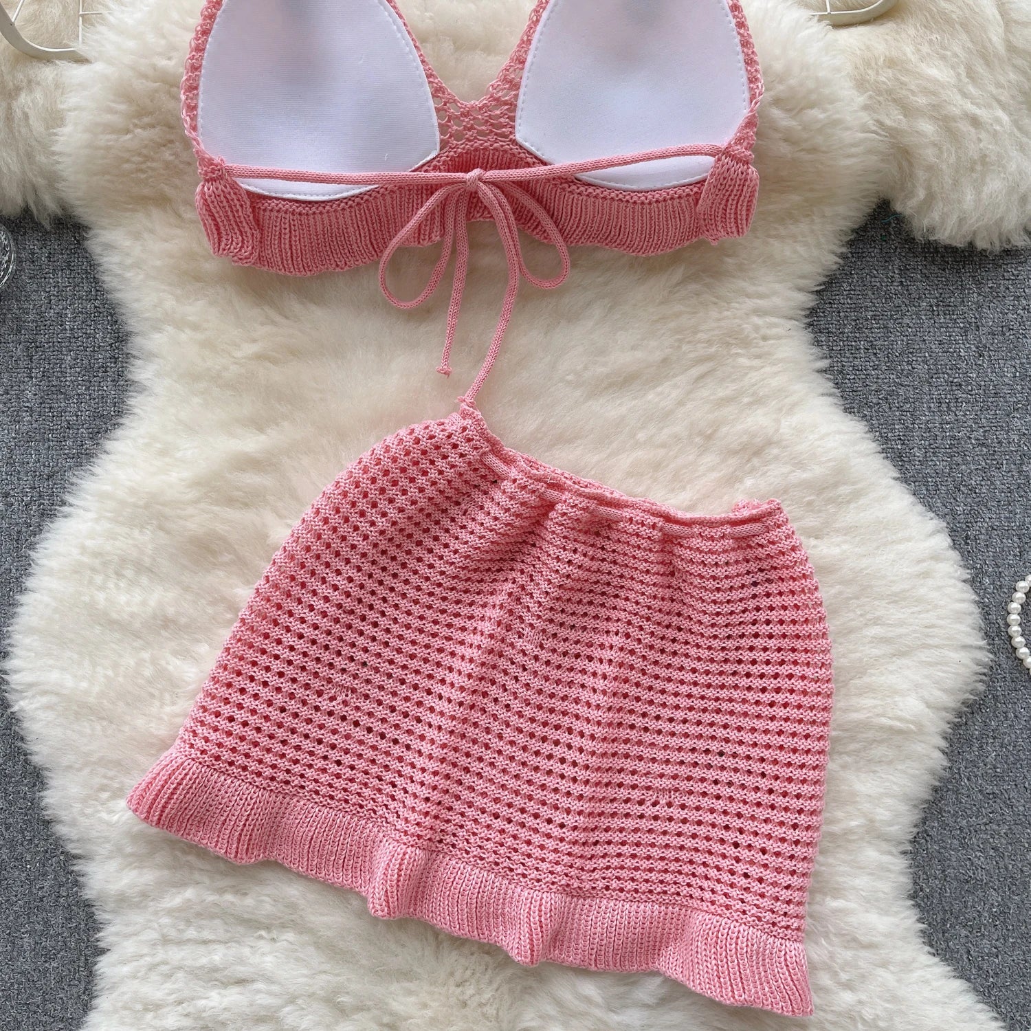 Aiertu  Strawberry Sweet Beach Two Pieces Sets Halter Backless Camis+Short Skirts Fashion Hook Flower Hollow Out Beach Suits Aiertu