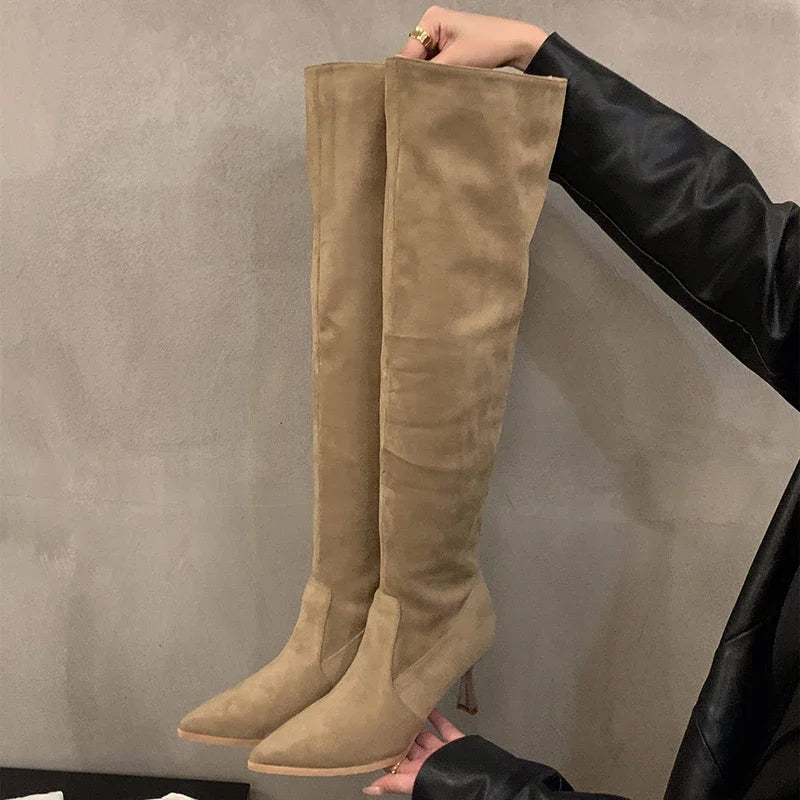 Sexy High Heel Women Knee High Boots Fashion Pleated Slip On Shoes Autumn Winter Ladies Knight Long Booties Aiertu