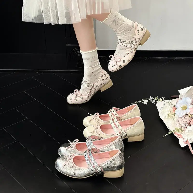AIERTU  -  Pink Floral Pattern Low Heel Mary Jane Shoes Women Summer Comfort Silver Bowknot Ballet Flats Woman's Lolita Shoes Aiertu
