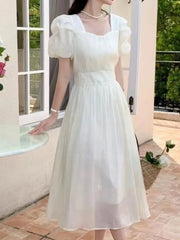 Aiertu Elegant and Chic Women Solid Summer Dress Vintage A-Line Short Sleeve Party Prom Dresses Female Clothes Long Robe New Aiertu