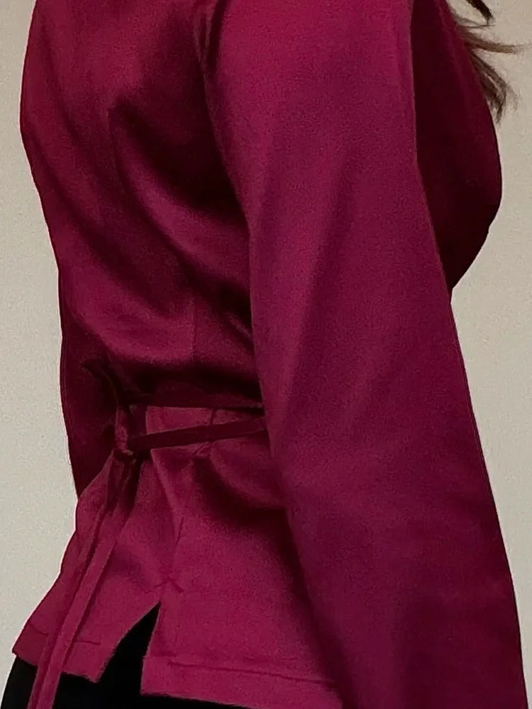 AIERTU  -  Satin Blouse Deep V Neck Button Front Long Sleeve Cinched Waist Daily Casual Office Slim Fit Collared Spring Autumn Blouse Aiertu