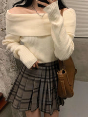 Women Sweater Off Shoulder Knitted Pullovers Female Korean Fashion Sexy Slash Neck Knitwear Top Lady Autumn Winter Slim Jumpers Aiertu