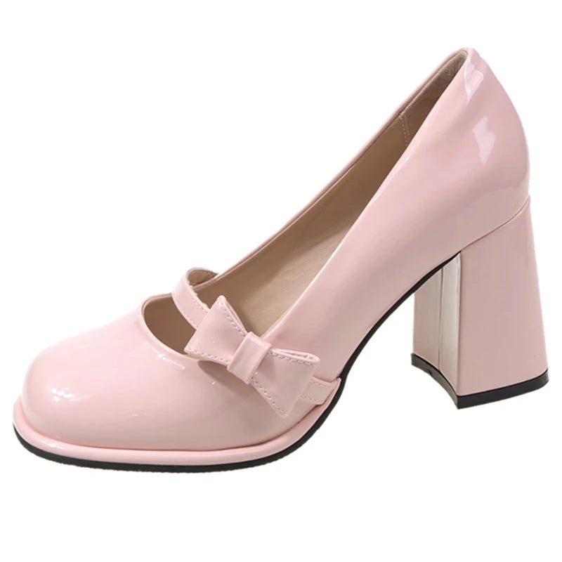 Aiertu Sweet Bowknot High Heels Mary Janes Women Cute Round Toe Patent Leather Pumps Woman Slip-On Square Heeled Bow Party Shoes Ladies Aiertu
