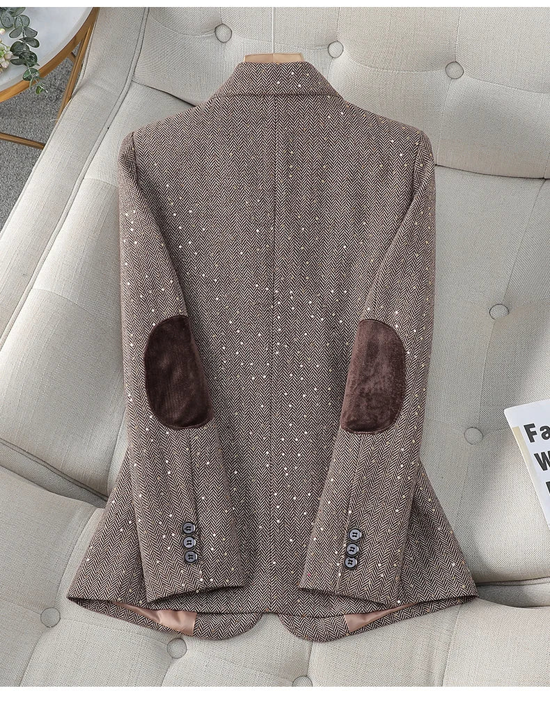 Aiertu 2024 Autumn Retro Gray Splice Plaid Sequins Blazers Coat For Women Brown Elegant Business Vintage Ladies Suit Jacket Fashion Y2k Aiertu